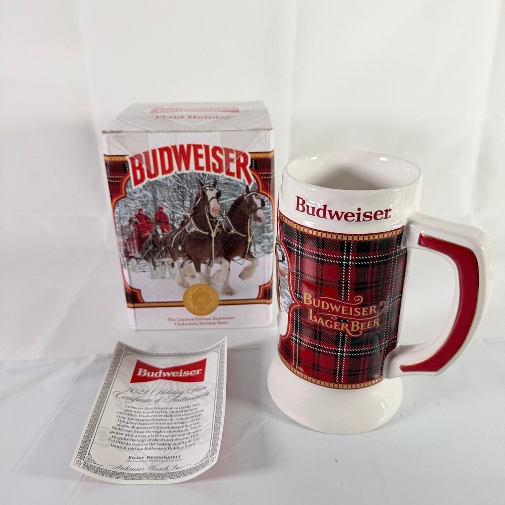 Budweiser 2021 Holiday Christmas Stein Plaid Holiday 42nd Anniversary NIB‎ COA